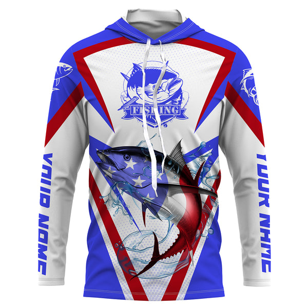 Tuna Fishing American Flag Custom name performance Long Sleeve Fishing Shirts, Patriotic Fishing gifts HVFS036