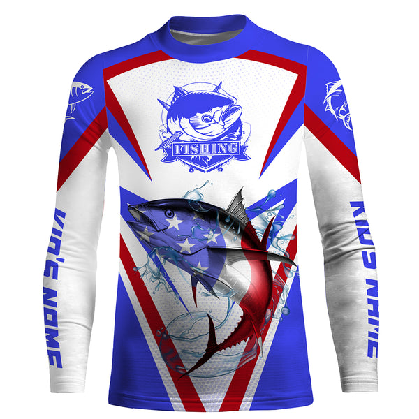 Tuna Fishing American Flag Custom name performance Long Sleeve Fishing Shirts, Patriotic Fishing gifts HVFS036