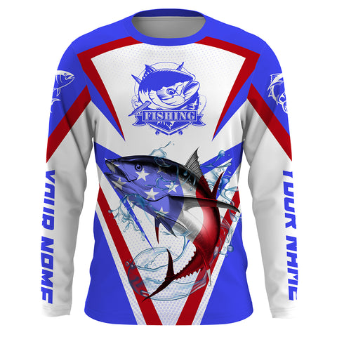 Tuna Fishing American Flag Custom name performance Long Sleeve Fishing Shirts, Patriotic Fishing gifts HVFS036