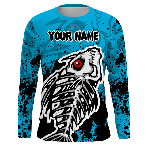 Fish Skeleton Blue fishing UV protection quick dry Customize name long sleeves fishing shirts UPF 30+ HVFS016