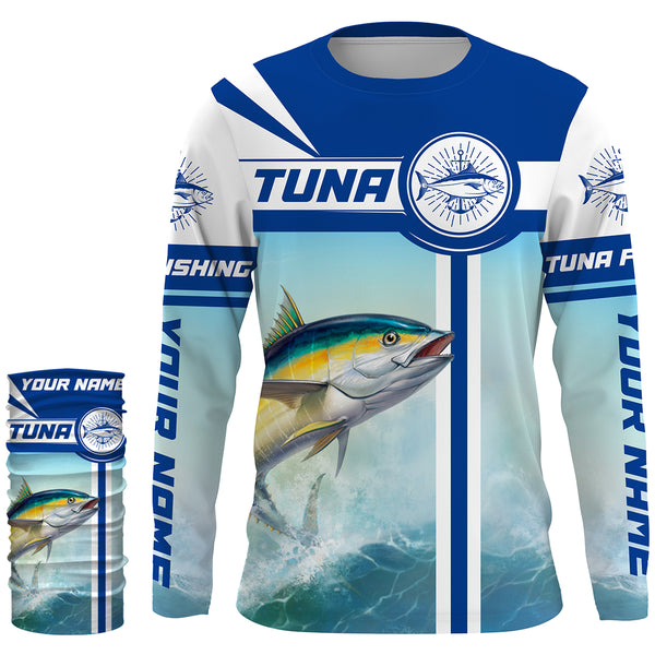 Tuna Fishing sea background Custom name performance Long Sleeve Fishing Shirts, Fishing jerseys for men, women, and kids - HVFS046