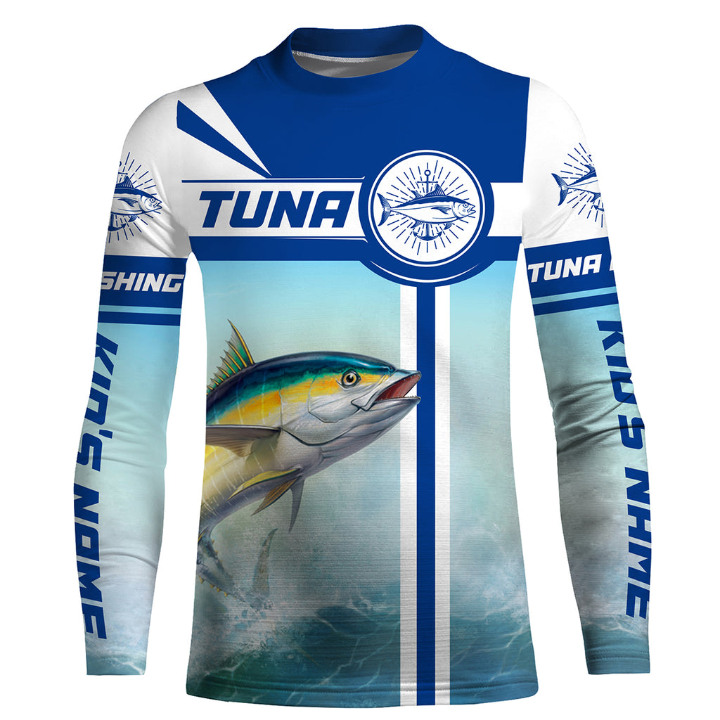 Tuna Fishing Sea Background Custom Name Performance Long Sleeve Fishing Shirts, Fishing Jerseys for Men, Women, and Kids - HVFS046 Long Sleeves UPF /