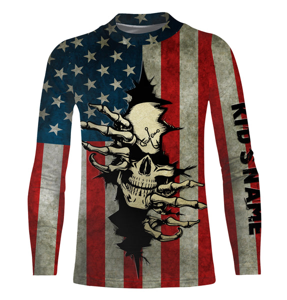 American Flag Skull Fish On Custom Long Sleeve performance Shirts, Personalized Patriotic Fishing Gifts TTN73