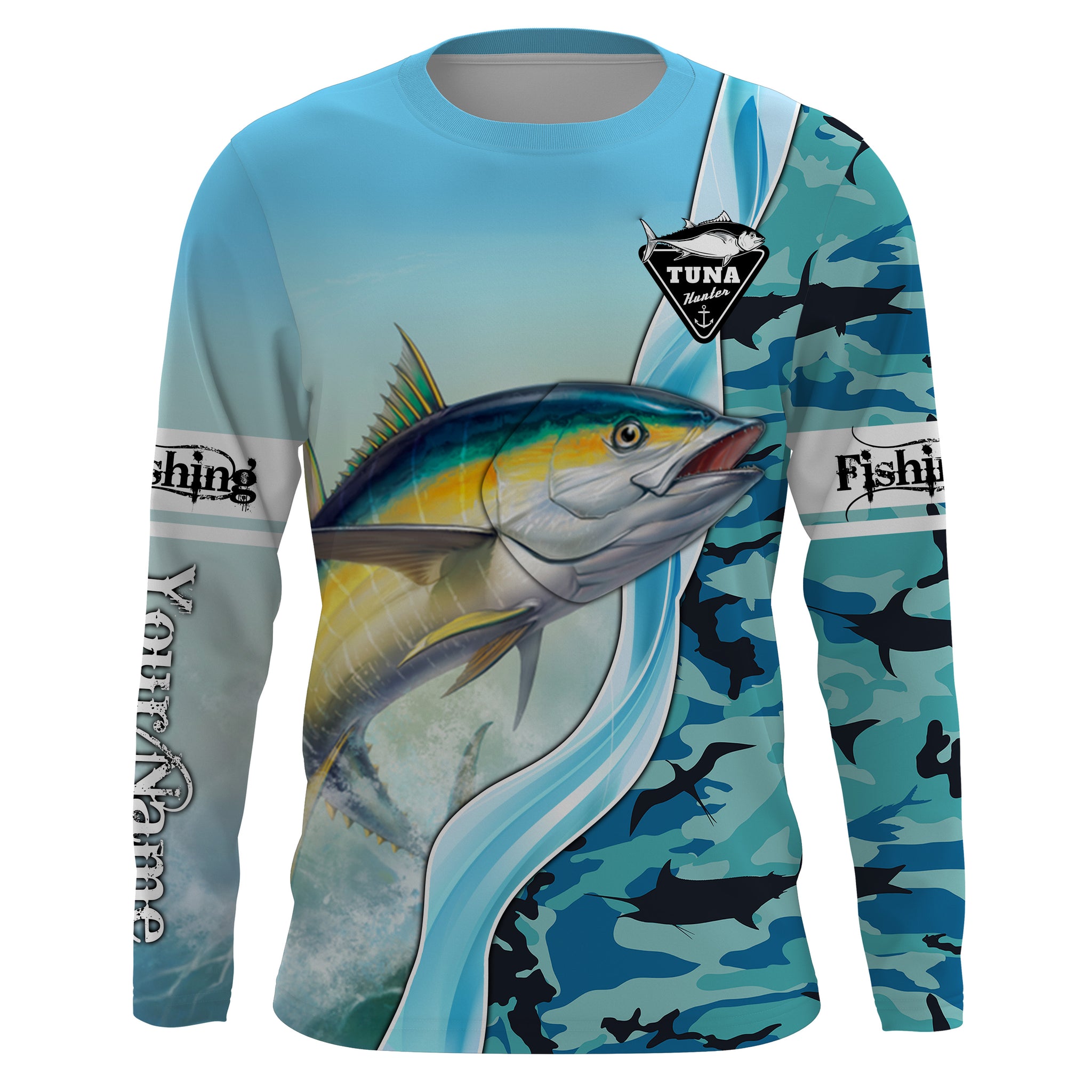 Tuna Fishing Shirts Blue Ocean Camouflage Performance Fishing Shirt, Sun Protection Long Sleeve, Perfect Gift for Fisherman TTN39 Long Sleeves UPF /