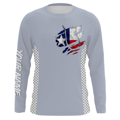 Texas Flag Fish Hook Custom UV Protection Long Sleeve Performance Fishing Shirts TTN78