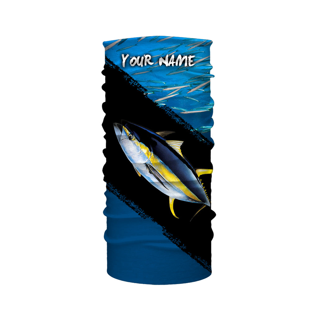 Custom Name Yellowfin Tuna Fishing Shirts Blue Ocean Background Performance Fishing Shirt, TTN31, Face Shield / S