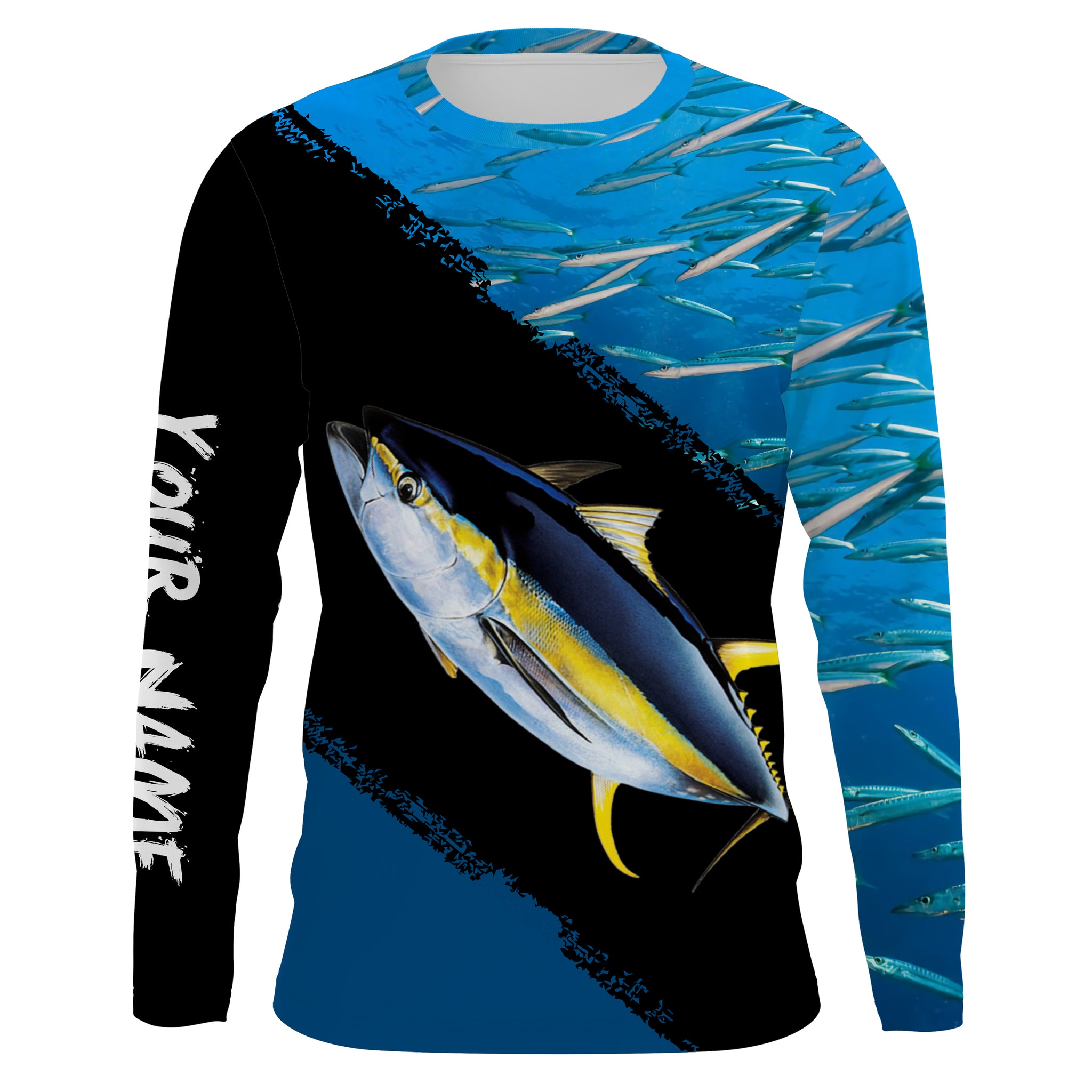 Custom Name Yellowfin Tuna Fishing Shirts Blue Ocean Background Perfor –  Myfihu