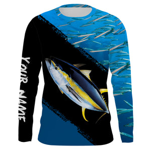 Custom Name Yellowfin Tuna Fishing Shirts Blue Ocean Background Performance Fishing Shirt, TTN31, Long Sleeves UPF + Face Shield / L