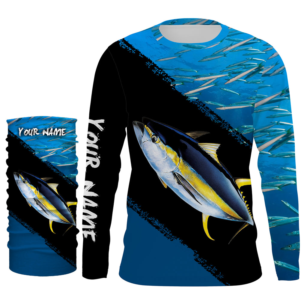 Custom Name Yellowfin Tuna Fishing Shirts Blue Ocean Background Performance Fishing Shirt, TTN31, Long Sleeves UPF + Face Shield / L