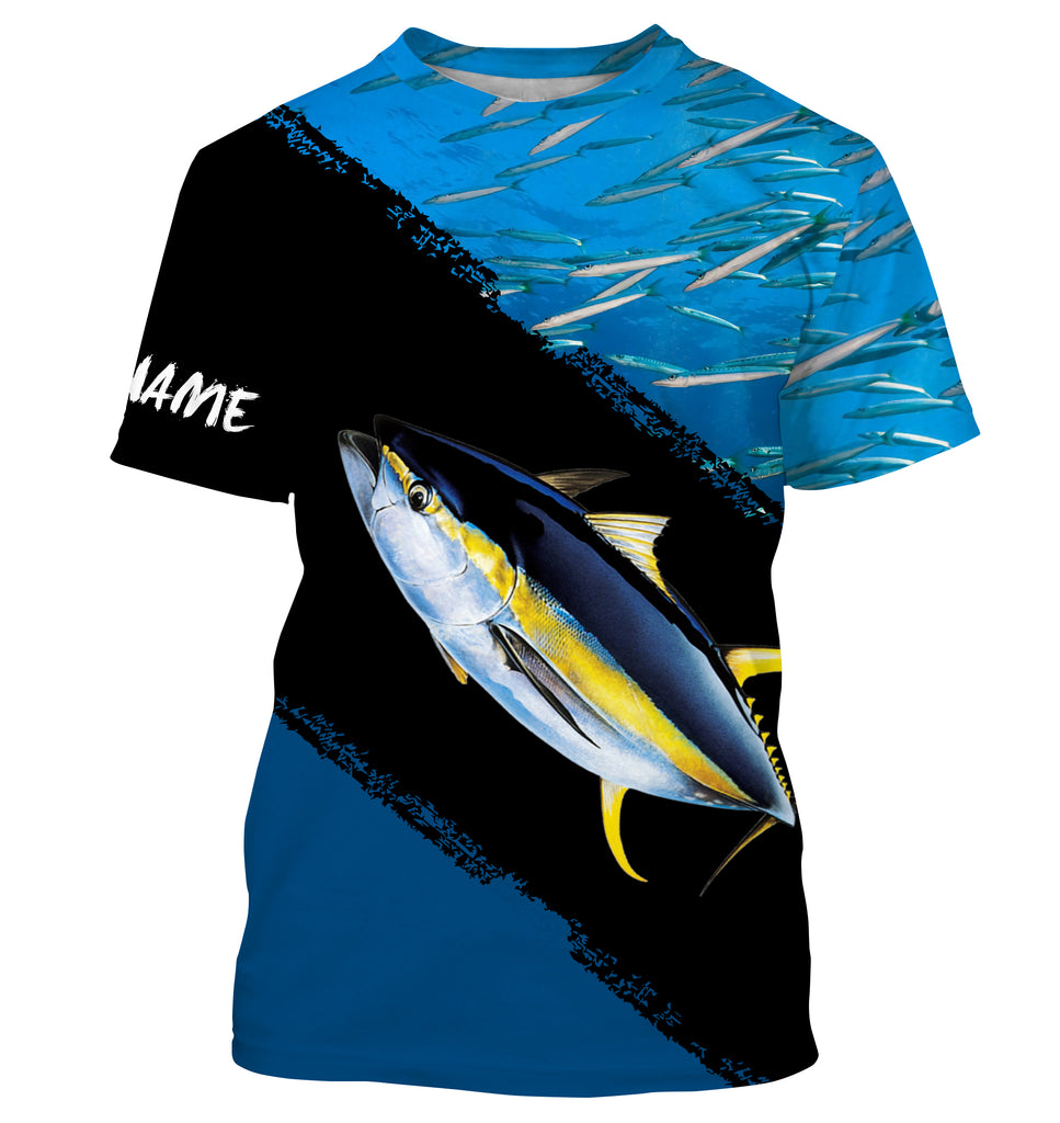 Custom Name Yellowfin Tuna Fishing Shirts Blue Ocean Background
