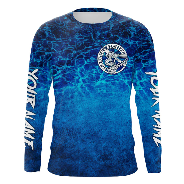 Funny Skeleton Forever Fishing Jerseys, Blue Deep Sea Camo Custom Long sleeve performance Fishing Shirts TTN93