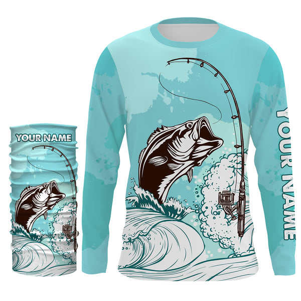 Bass Fishing shirt Fishing rod Custom Long sleeve performance Fishing Shirts, Custom Bass Fishing jerseys | sky blue - TTN32