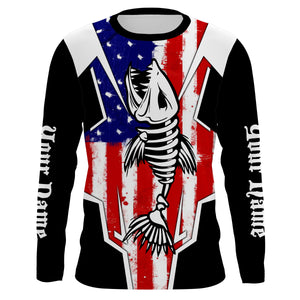 Bass Fish Skeleton American Flag Patriotic UV Protection Fishing Shirt Personalized Fishing Jerseys TTN25