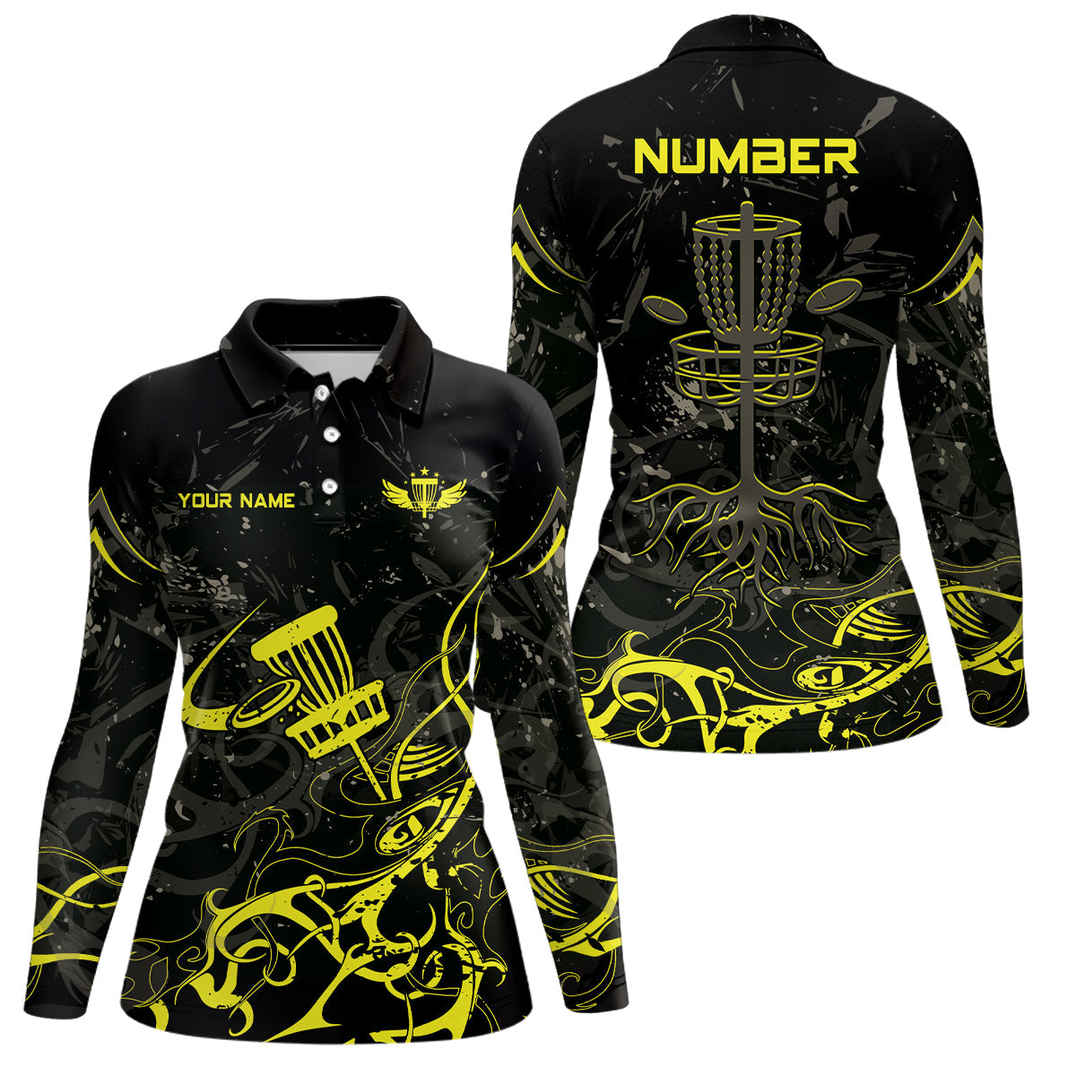 Yellow Camo Black Womens Disc Golf Polo Shirt Custom Disc Golf Basket Tree Personalized Golf Gift TY2