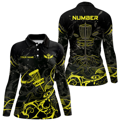 Yellow Camo Black Womens Disc Golf Polo Shirt Custom Disc Golf Basket Tree Personalized Golf Gift TY2