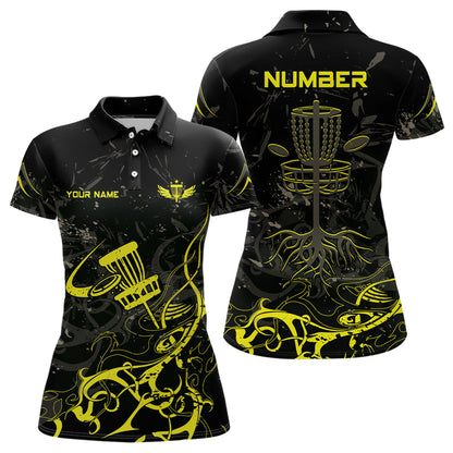 Yellow Camo Black Womens Disc Golf Polo Shirt Custom Disc Golf Basket Tree Personalized Golf Gift TY2