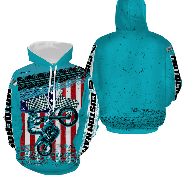 Motocross Racing American Flag Over Printed Hoodie, Long Sleeves, Custom MotoX Dirt Bike Shirt| NMS272