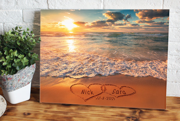 Love on beach heart in heart personalized canvas with couple's names and date on, perfect love gift for anniversary, wedding, birthday and holidays.