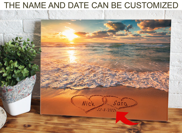 Love on beach heart in heart personalized canvas with couple's names and date on, perfect love gift for anniversary, wedding, birthday and holidays.