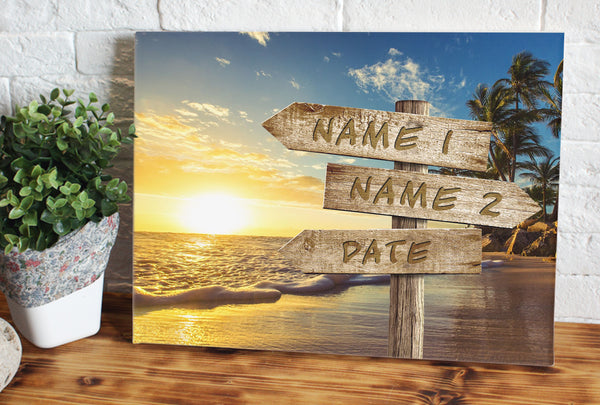 Sunset beach personalized canvas prints with couple's names and date on sign, perfect gift for anniversary, wedding, birthday, holidays