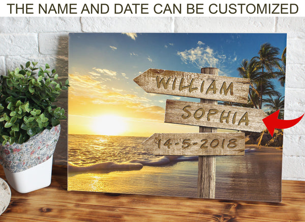 Sunset beach personalized canvas prints with couple's names and date on sign, perfect gift for anniversary, wedding, birthday, holidays