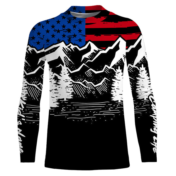 US flag mountain hiking camping life shirt personalized long sleeve custom name