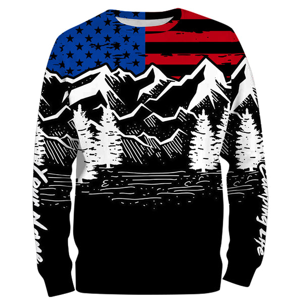US flag mountain hiking camping life shirt personalized long sleeve custom name