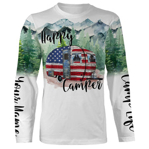 Happy camper cabin van US flag camping life shirt personalized name