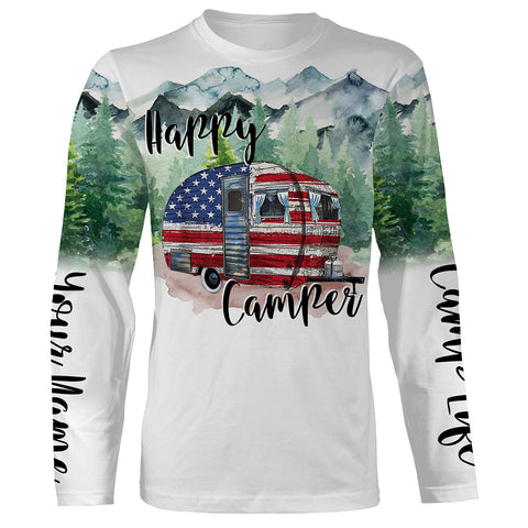 Happy camper cabin van US flag camping life shirt personalized name