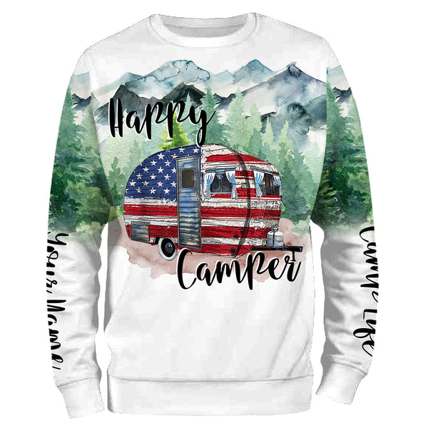 Happy camper cabin van US flag camping life shirt personalized name