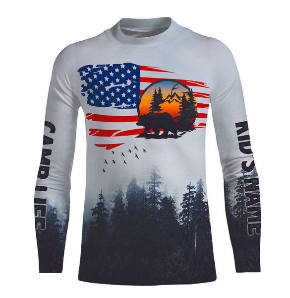 US flag bear mountain hiking camping life shirt personalized long sleeve custom name