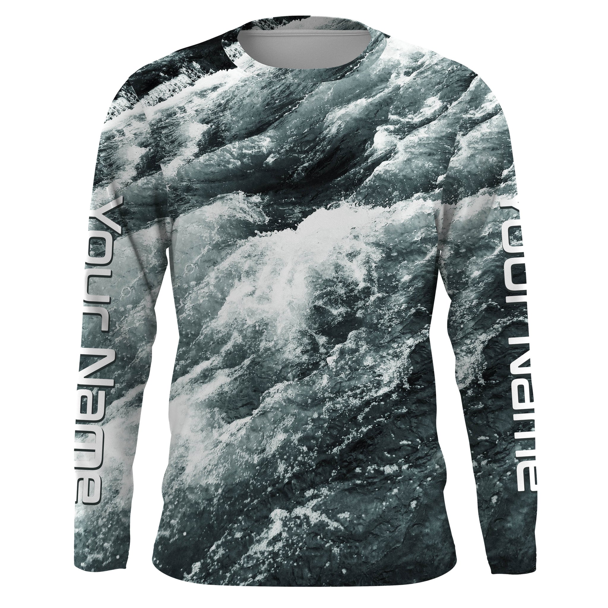 Personalized Saltwater Performnace Fishing Shirts, Sea Wave Camo Tournament Fishing Apparel IPHW1857, Long Sleeves UPF / M