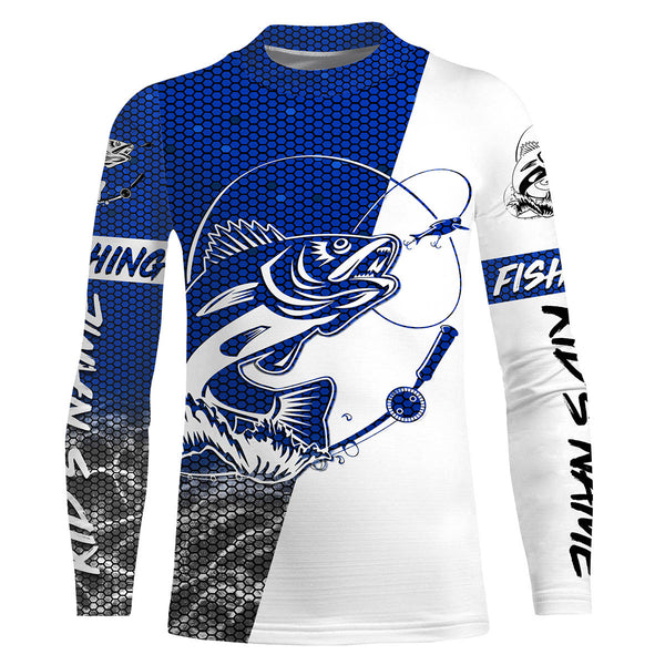 Personalized Walleye Fishing jerseys, Walleye Fishing Long Sleeve Fishing tournament shirts | blue - IPHW1864