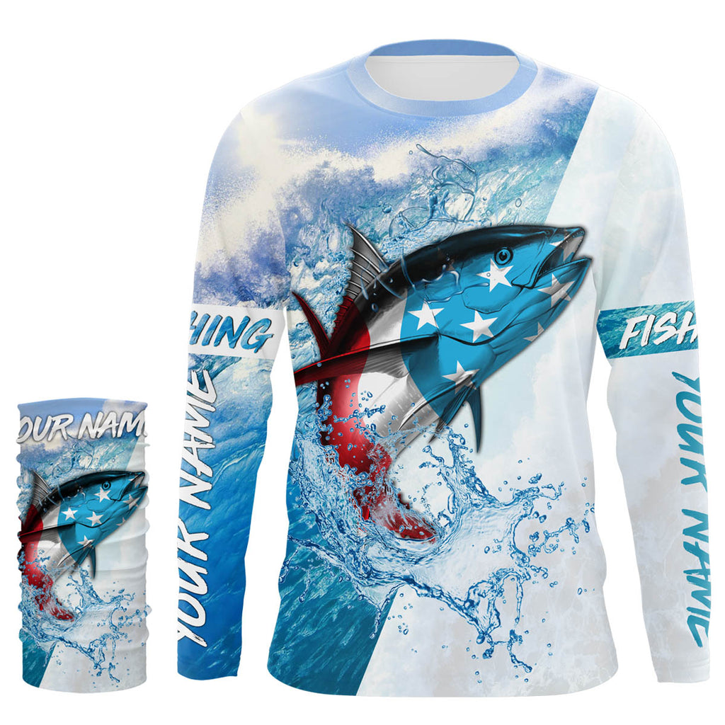 Personalized Tuna Fishing American Flag Long Sleeve Performance Fishing Shirts, Patriotic Fishing Gifts - IPHW1870 Long Sleeves UPF + Face Shield /