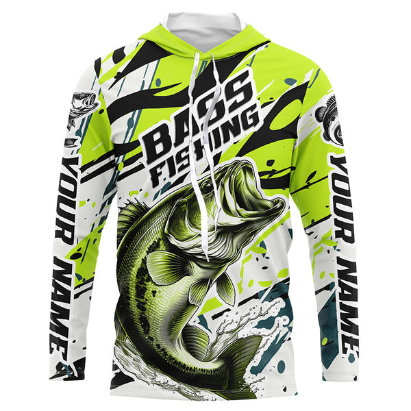 Personalized Largemouth Bass Fishing Jerseys, Bass Fishing Camo Long Sleeve Fishing Shirts | Green IPHW6031