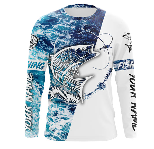 Striped Bass Fishing Custom Long Sleeve Fishing Shirts, personalized Sea wave camo Fishing Shirts - IPHW1684