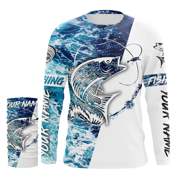 Striped Bass Fishing Custom Long Sleeve Fishing Shirts, personalized Sea wave camo Fishing Shirts - IPHW1684