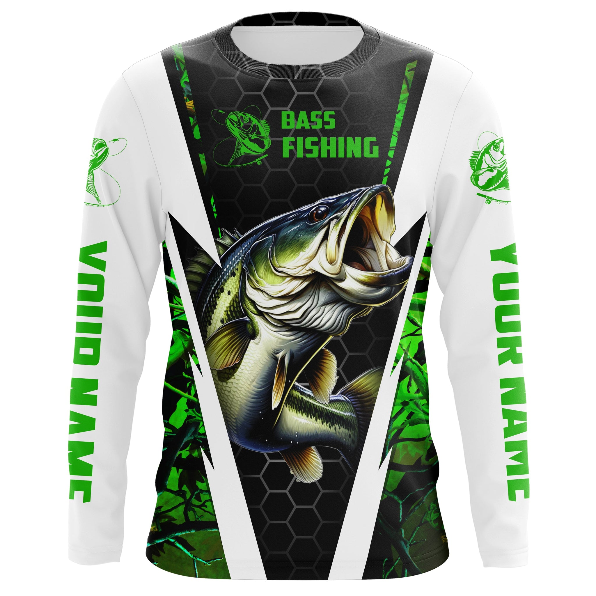 Personalized Bass Fishing Jerseys, Bass Fishing Long Sleeve Fishing Tournament Shirts | Green Camo IPHW3680 Long Sleeves UPF / 3XL