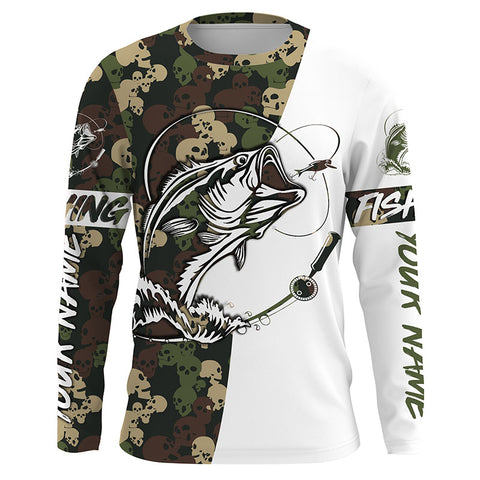 Custom skull camo Bass Long sleeve performance Fishing Shirts, Halloween Bass Fishing gifts IPHW3412