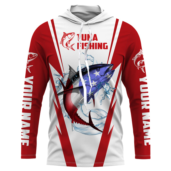 Tuna Fishing American Flag Custom performance Long Sleeve Fishing Shirts, Patriotic Fishing gifts Fishing jerseys | red - IPHW1702