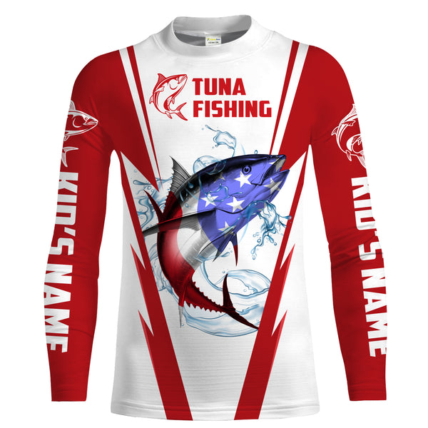 Tuna Fishing American Flag Custom performance Long Sleeve Fishing Shirts, Patriotic Fishing gifts Fishing jerseys | red - IPHW1702