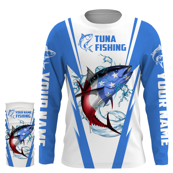 Tuna Fishing American Flag Custom performance Long Sleeve Fishing Shirts, Patriotic Fishing gifts Fishing jerseys | blue - IPHW1703