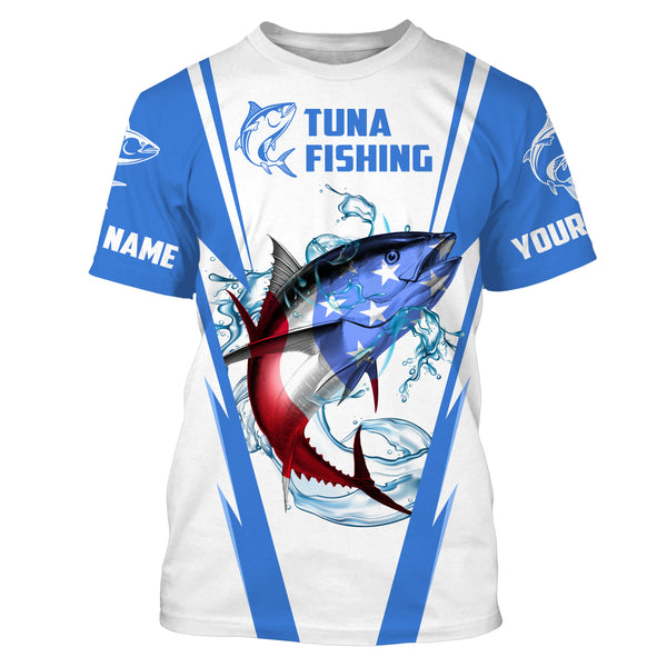 Tuna Fishing American Flag Custom performance Long Sleeve Fishing Shirts, Patriotic Fishing gifts Fishing jerseys | blue - IPHW1703