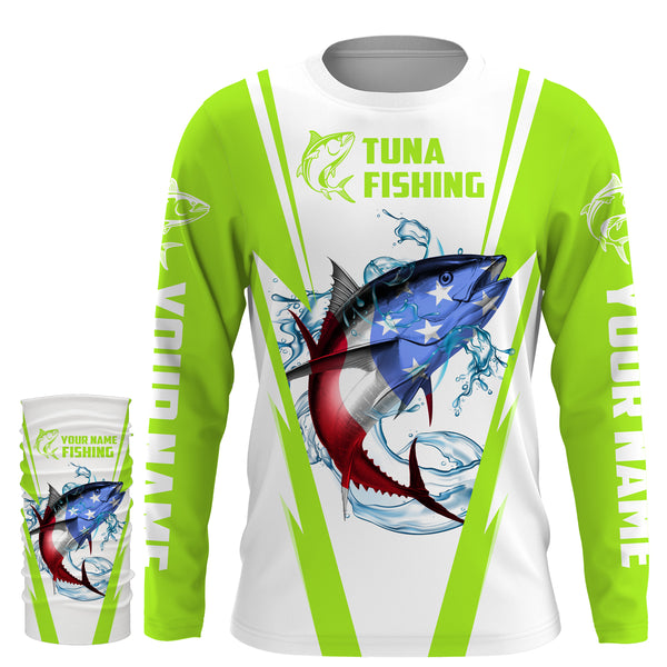 Tuna Fishing American Flag Custom performance Long Sleeve Fishing Shirts, Patriotic Fishing gifts Fishing jerseys | green - IPHW1704