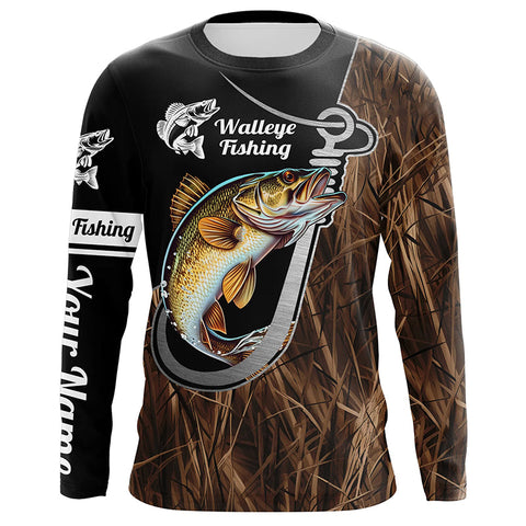Fish Hook Walleye Fishing Custom Long Sleeve Tournament Fishing Shirts Fishing Jerseys | Grass Camo IPHW5740