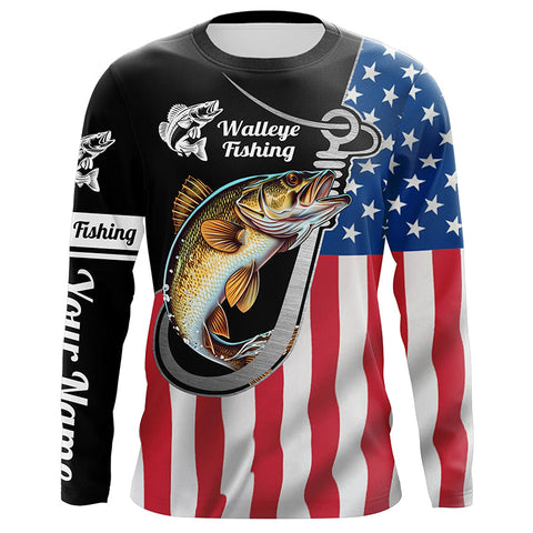 Walleye Fishing American Flag Fish Hook Custom Long Sleeve Tournament Fishing Shirts IPHW5741