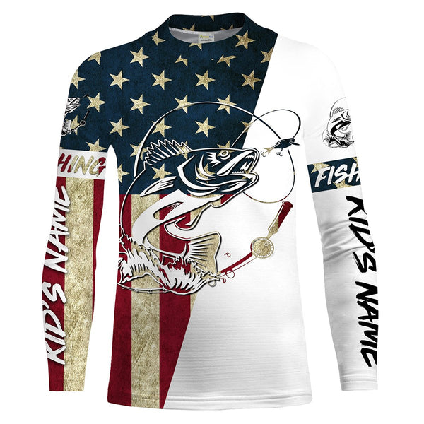 Walleye Fishing American Flag Custom Long Sleeve Fishing Shirts, Personalized Patriotic Fishing Gifts UV clothing - IPHW1109