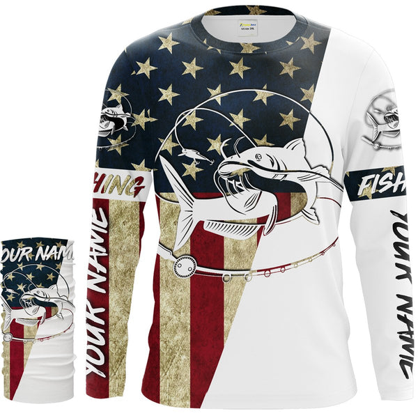 Flathead Catfish Fishing American Flag Custom Long Sleeve Fishing Shirts, Personalized Patriotic Fishing Gifts - IPHW1111