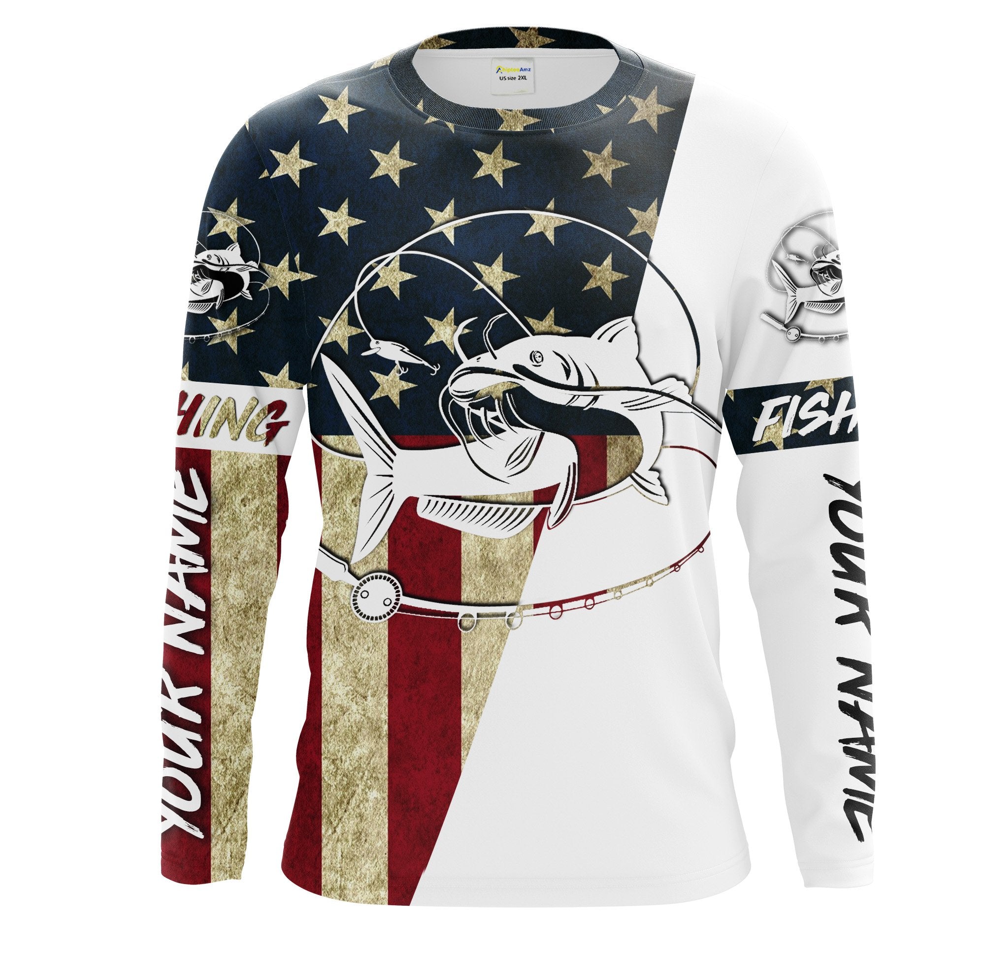 Flathead Catfish Fishing American Flag Custom Long Sleeve Fishing Shirts, Personalized Patriotic Fishing Gifts - IPHW1111