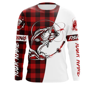 Custom Bass Fishing Red Plaid Fishing Shirts, Autumn Bass Fishing UV Long sleeve Fishing Shirts, Fishing Christmas gifts - IPHW1710